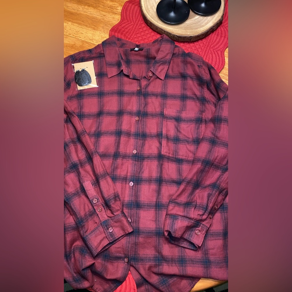 Women’s Maroon Flannel Shirt and Earrings